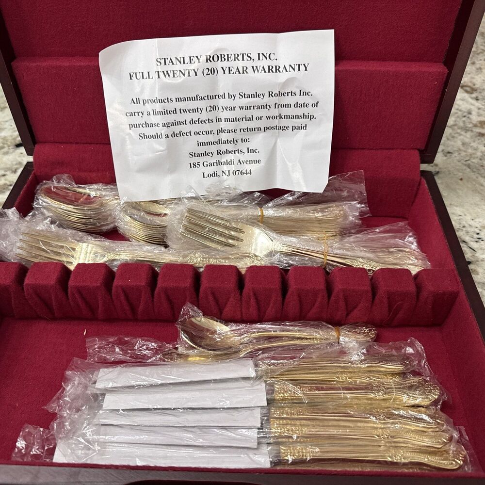 Stanley Roberts Gold Plated Flatware 62 Pc Set wooden box! ￼ Serving   for 12